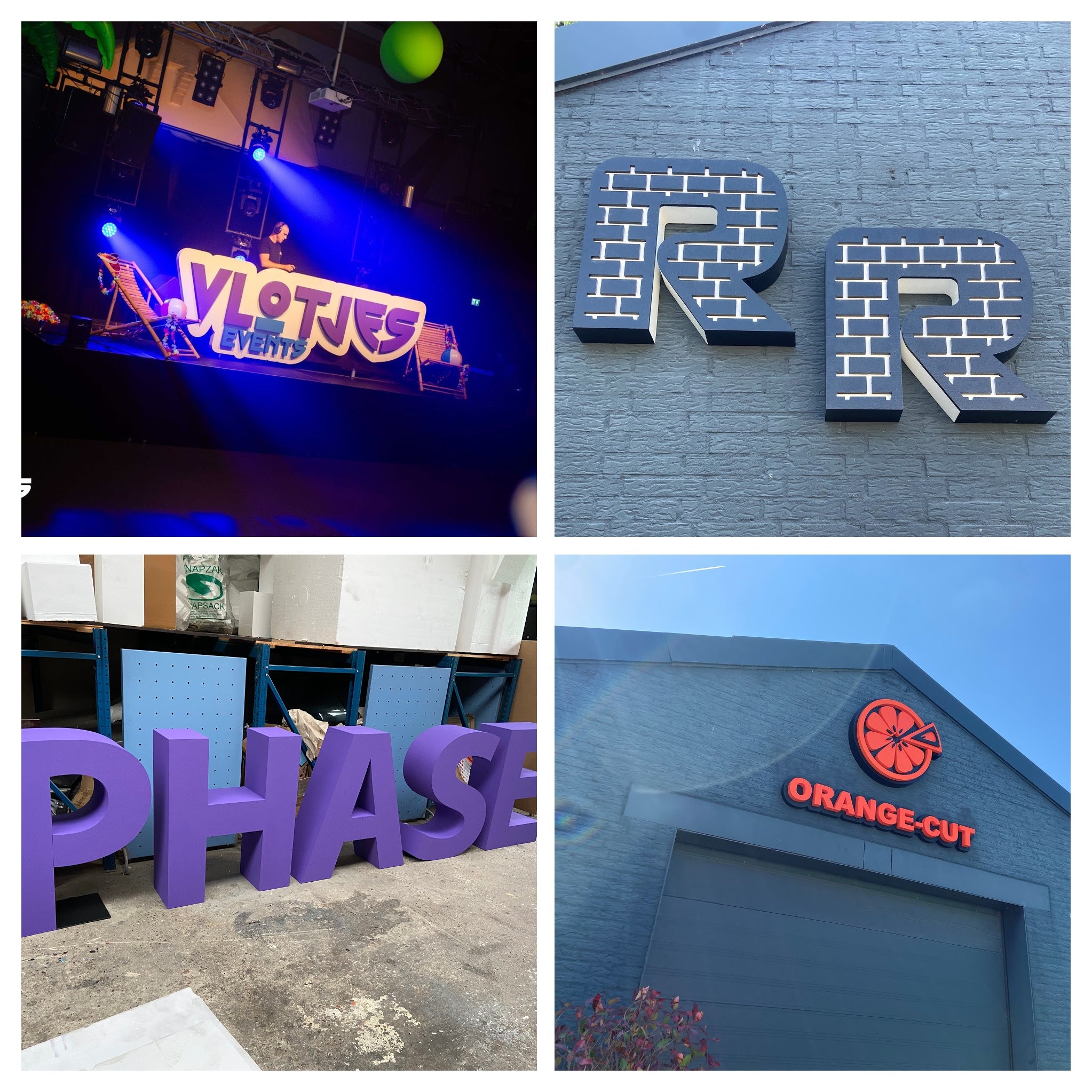 Collage of four images featuring large letters and signs on buildings and stages.