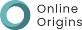 Logo of Online Origins with a teal circle and black text on a white background